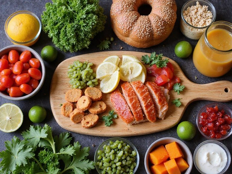 Różnorodne, zdrowe posiłki przygotowane do spożycia, z warzywami, owocami, białkiem i pełnoziarnistymi produktami, ułożone estetycznie na stole