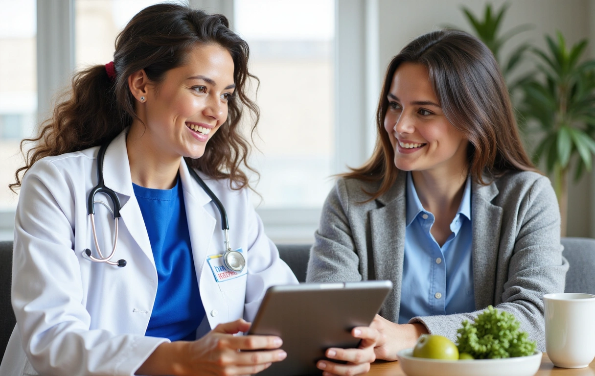 Dietetyk i pacjentka uśmiechają się podczas konsultacji, omawiając plan żywieniowy na tablecie.